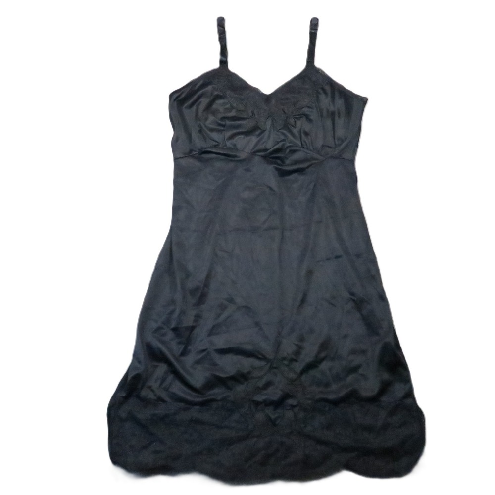 Charmode Full Slip Dress 38 Black Lace Trim V-Neck Nightgown Coquette Lingerie